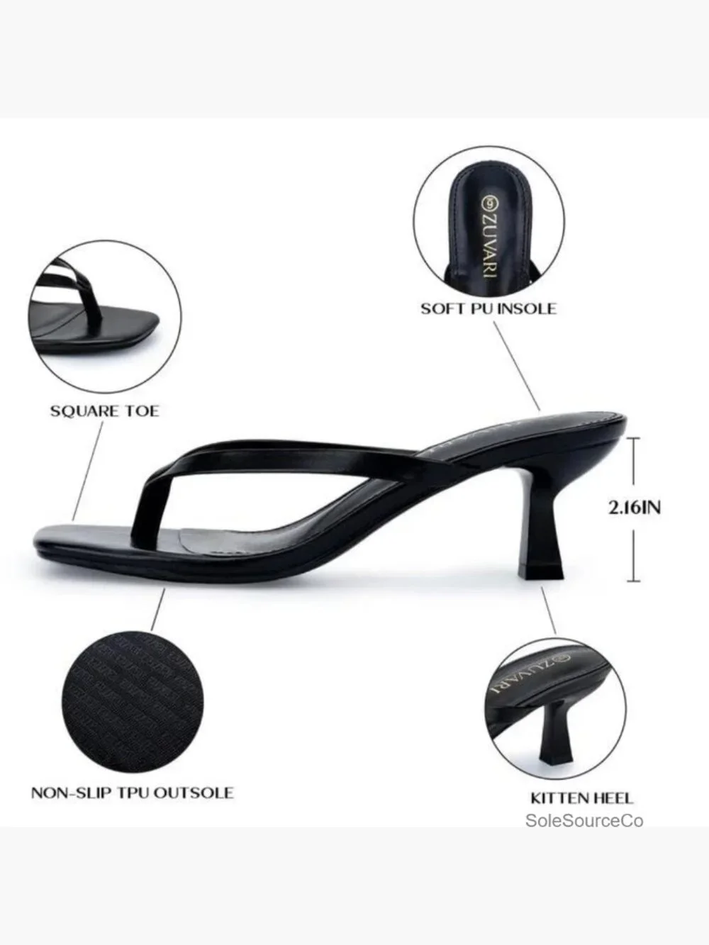 Square Toe Flip Flop Kitten Heels, 2.16in Thong Heels, Slip-On Dressy Sandals